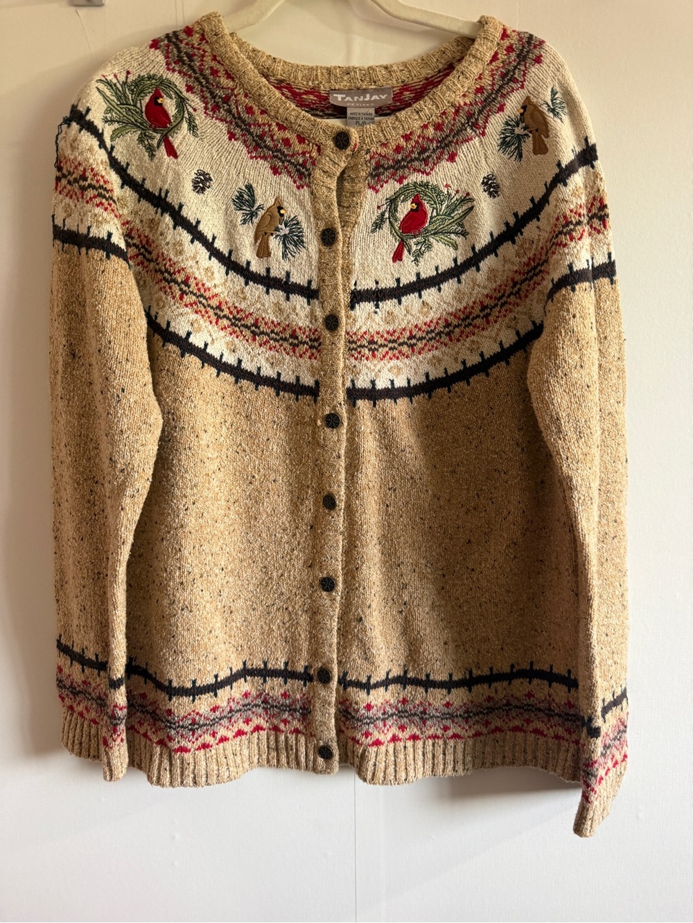 Vintage Tanjay Petites Cardinal Bird Fair Isle Cardigan Christmas Cottagecore L